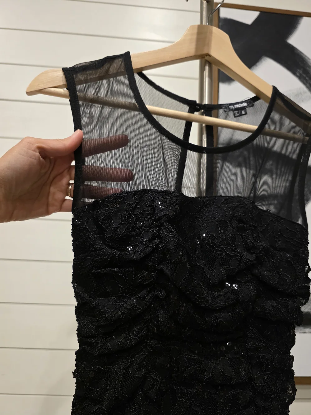 Black Sheer Yoke Ruched Cocktail Dress - Picture 3 of 5